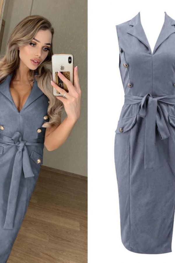 The Best Women Sleeveless Bodycon Dress OL Ladies V-Neck Button Bow Slit Party Cocktail Club Sundress Online - Takalr