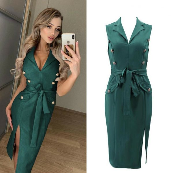 The Best Women Sleeveless Bodycon Dress OL Ladies V-Neck Button Bow Slit Party Cocktail Club Sundress Online - Takalr