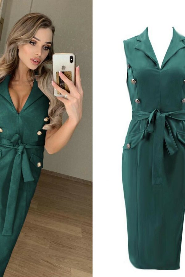 The Best Women Sleeveless Bodycon Dress OL Ladies V-Neck Button Bow Slit Party Cocktail Club Sundress Online - Takalr