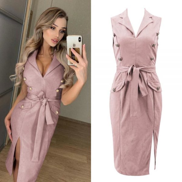 The Best Women Sleeveless Bodycon Dress OL Ladies V-Neck Button Bow Slit Party Cocktail Club Sundress Online - Takalr