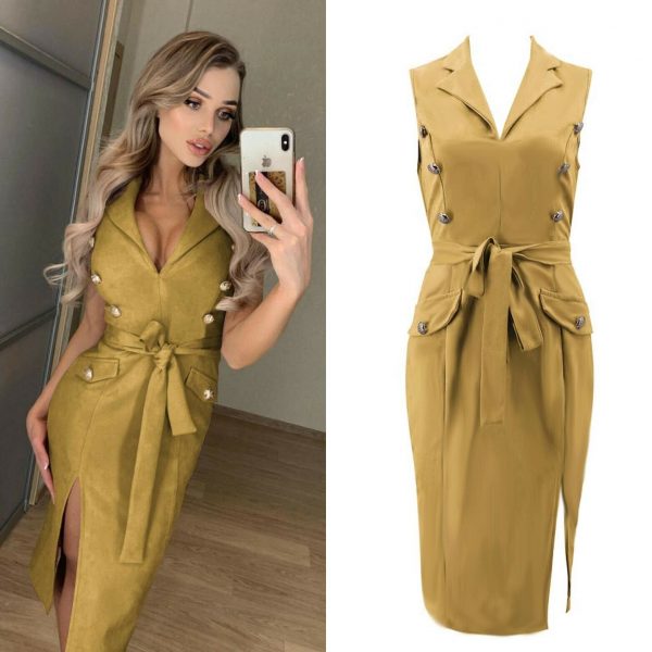 The Best Women Sleeveless Bodycon Dress OL Ladies V-Neck Button Bow Slit Party Cocktail Club Sundress Online - Takalr