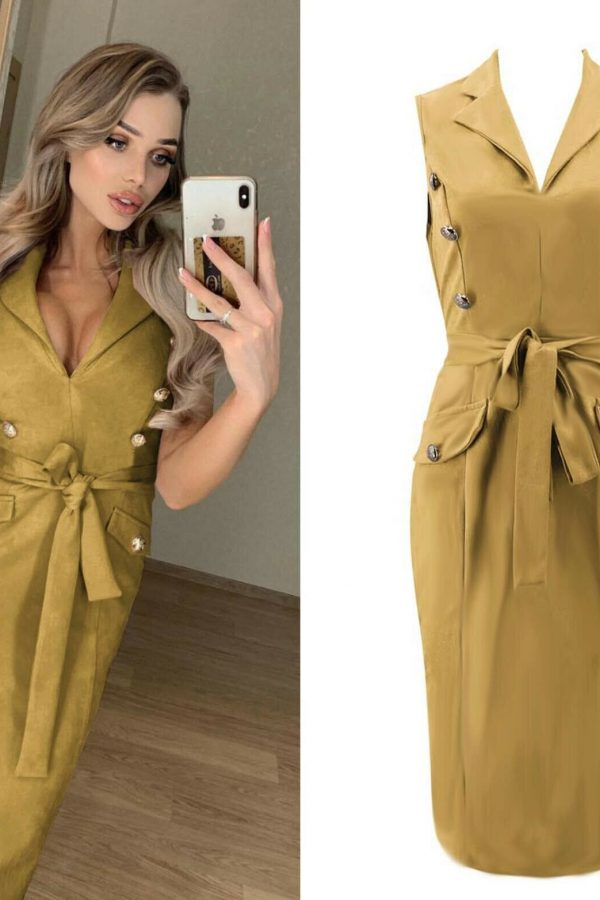 The Best Women Sleeveless Bodycon Dress OL Ladies V-Neck Button Bow Slit Party Cocktail Club Sundress Online - Takalr