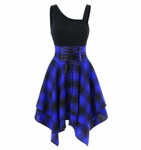 The Best Women Sleeveless Cold Shoulder Cross Lace Up Plaid Asymmetrical Dress Online - Source Silk