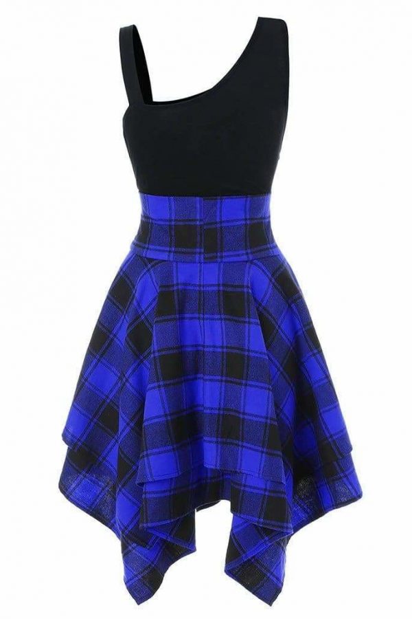 The Best Women Sleeveless Cold Shoulder Cross Lace Up Plaid Asymmetrical Dress Online - Source Silk