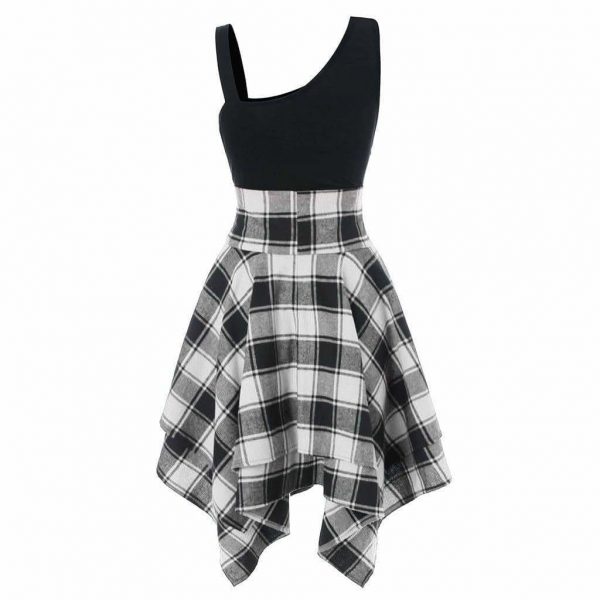 The Best Women Sleeveless Cold Shoulder Cross Lace Up Plaid Asymmetrical Dress Online - Source Silk