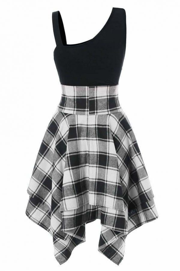 The Best Women Sleeveless Cold Shoulder Cross Lace Up Plaid Asymmetrical Dress Online - Source Silk