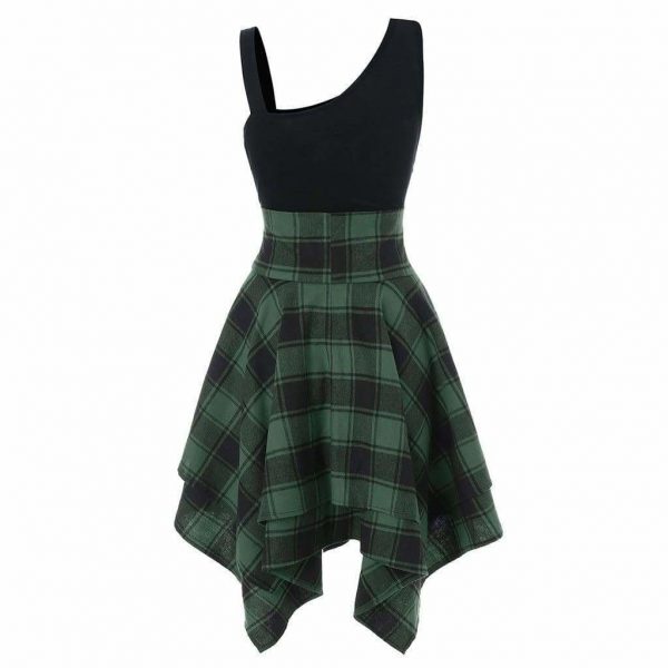 The Best Women Sleeveless Cold Shoulder Cross Lace Up Plaid Asymmetrical Dress Online - Source Silk