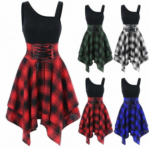 The Best Women Sleeveless Cold Shoulder Cross Lace Up Plaid Asymmetrical Dress Online - Source Silk