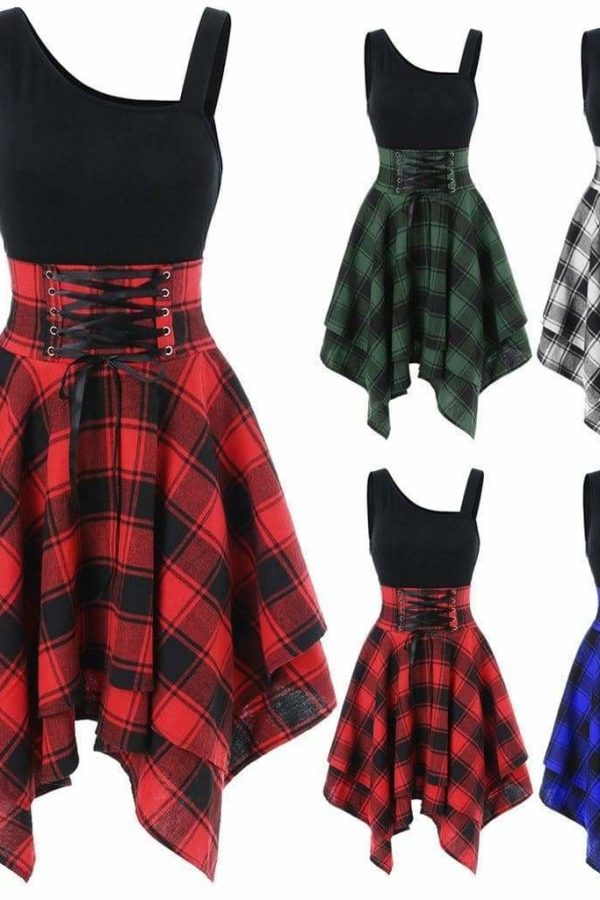 The Best Women Sleeveless Cold Shoulder Cross Lace Up Plaid Asymmetrical Dress Online - Source Silk