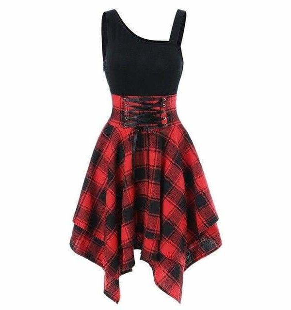 The Best Women Sleeveless Cold Shoulder Cross Lace Up Plaid Asymmetrical Dress Online - Source Silk