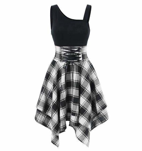 The Best Women Sleeveless Cold Shoulder Cross Lace Up Plaid Asymmetrical Dress Online - Source Silk