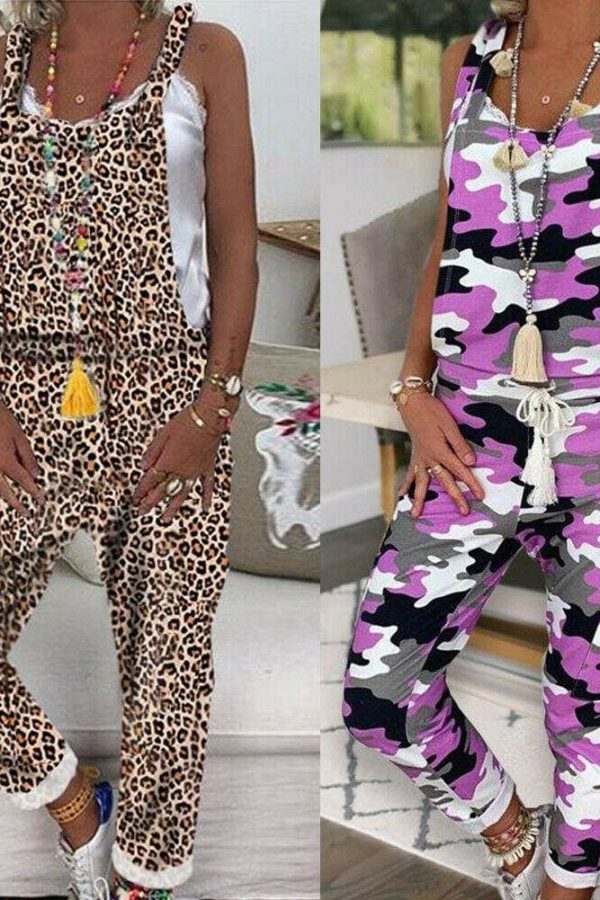 The Best Women Sleeveless Leopard&Camouflage Jumpsuit Dungarees Overall Casual Harem Strap Long Pant Trousers Online - Takalr