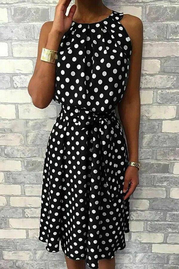 The Best Women Sleeveless Polka Dot Midi Dress 2019 Fashion Ladies Summer Beach Casual Bandage Belt Dress Sundress Online - Takalr