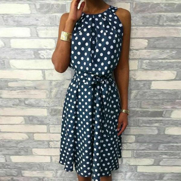 The Best Women Sleeveless Polka Dot Midi Dress 2019 Fashion Ladies Summer Beach Casual Bandage Belt Dress Sundress Online - Takalr