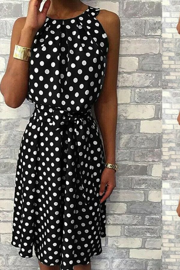 The Best Women Sleeveless Polka Dot Midi Dress 2019 Fashion Ladies Summer Beach Casual Bandage Belt Dress Sundress Online - Takalr