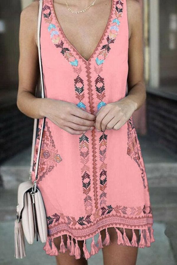 The Best Women Sleeveless V Neck Summer Boho Floral Casual Loose Beach Small Mini Dress Sundress Online - Takalr