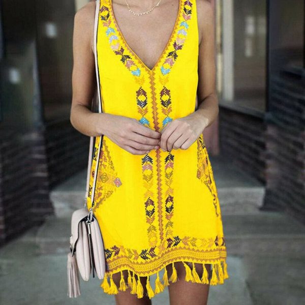 The Best Women Sleeveless V Neck Summer Boho Floral Casual Loose Beach Small Mini Dress Sundress Online - Takalr