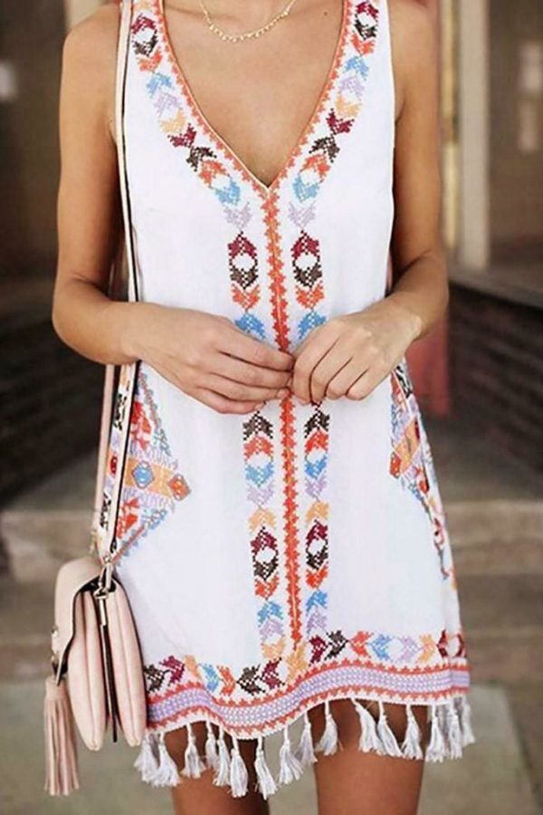 The Best Women Sleeveless V Neck Summer Boho Floral Casual Loose Beach Small Mini Dress Sundress Online - Takalr