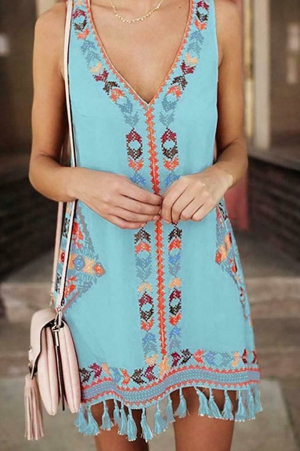 The Best Women Sleeveless V Neck Summer Boho Floral Casual Loose Beach Small Mini Dress Sundress Online - Takalr