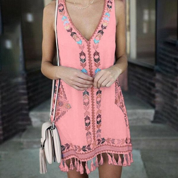 The Best Women Sleeveless V Neck Summer Boho Floral Casual Loose Beach Small Mini Dress Sundress Online - Takalr