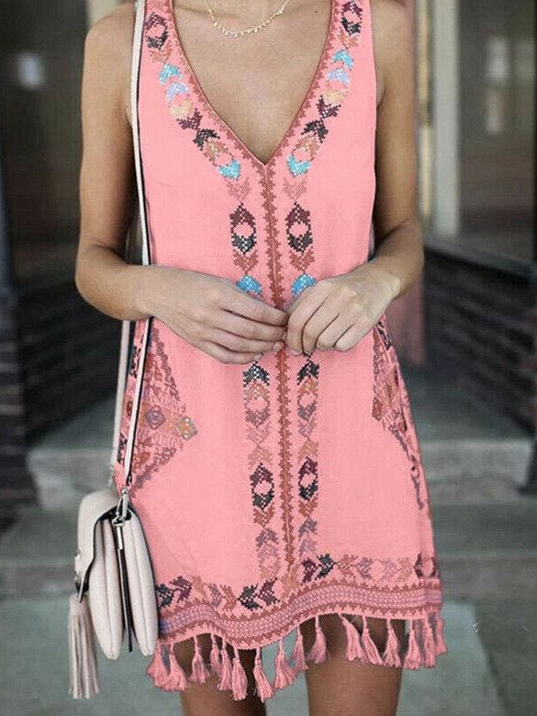 The Best Women Sleeveless V Neck Summer Boho Floral Casual Loose Beach Small Mini Dress Sundress Online - Takalr