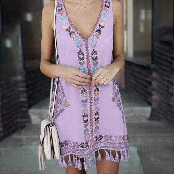 The Best Women Sleeveless V Neck Summer Boho Floral Casual Loose Beach Small Mini Dress Sundress Online - Takalr