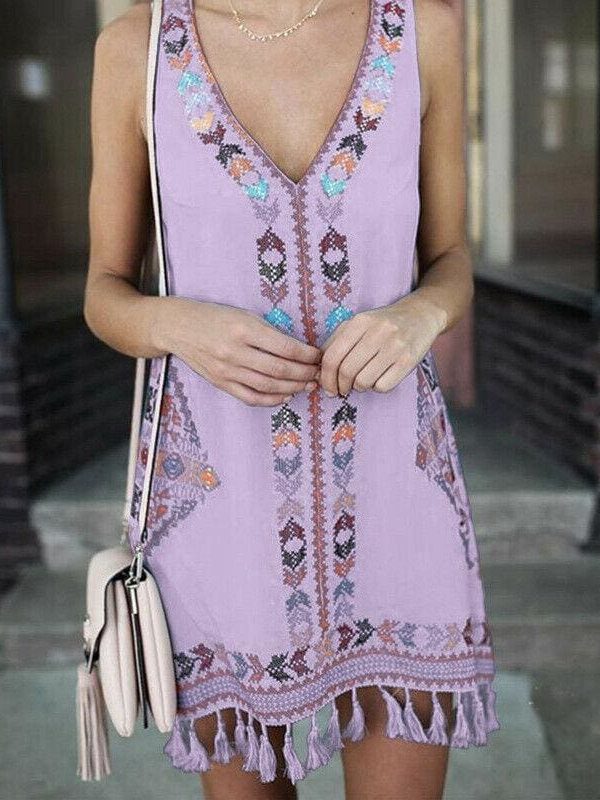 The Best Women Sleeveless V Neck Summer Boho Floral Casual Loose Beach Small Mini Dress Sundress Online - Takalr