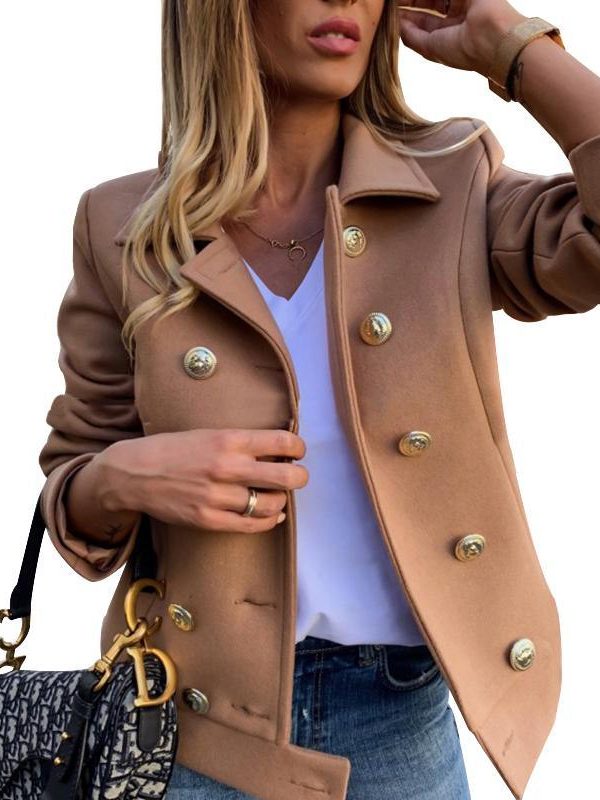 women slim fit double breasted jacket coat autumn short jacket fashion solid khaki streetwear casual outwear jackets - Takalr