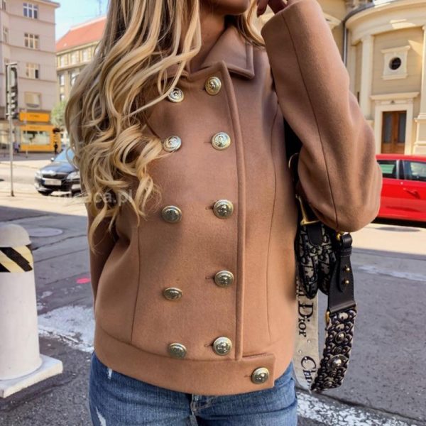 women slim fit double breasted jacket coat autumn short jacket fashion solid khaki streetwear casual outwear jackets - Takalr