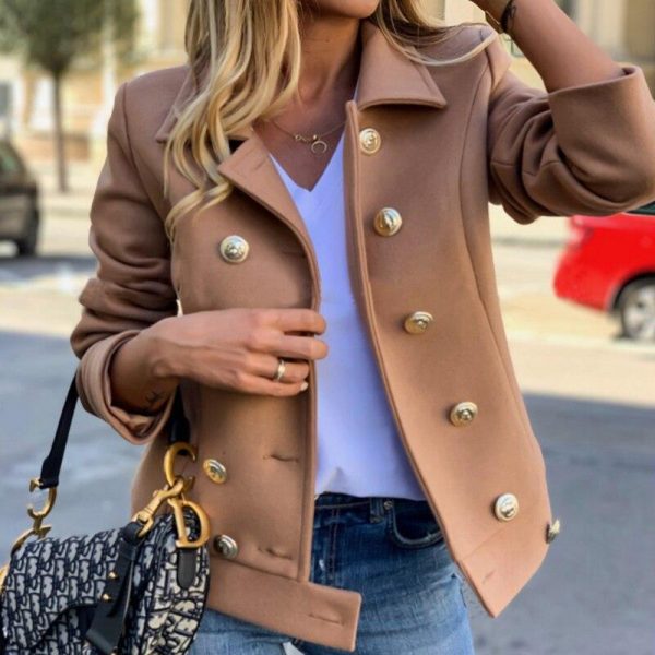 women slim fit double breasted jacket coat autumn short jacket fashion solid khaki streetwear casual outwear jackets - Takalr