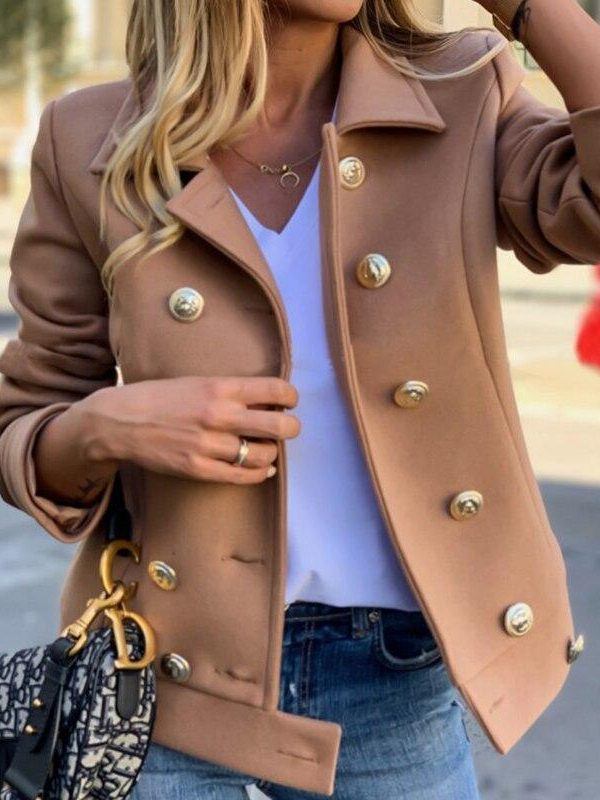 women slim fit double breasted jacket coat autumn short jacket fashion solid khaki streetwear casual outwear jackets - Takalr