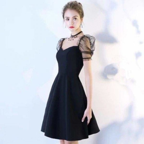 The Best Women Solid Short Puff Sleeve V-Neck Fashion Summer Evening Lace Dress Online - Source Silk