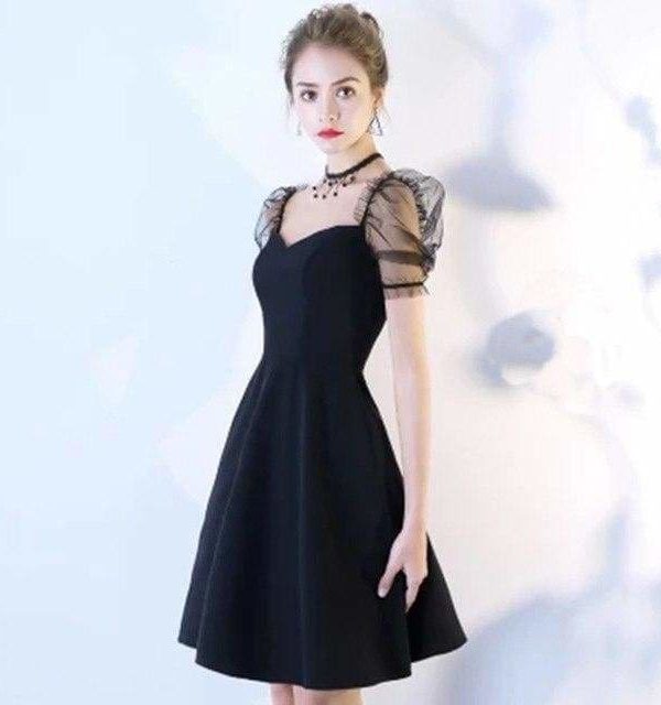 The Best Women Solid Short Puff Sleeve V-Neck Fashion Summer Evening Lace Dress Online - Source Silk