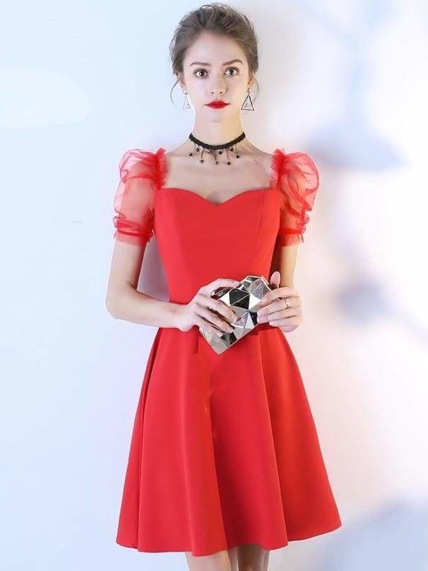 The Best Women Solid Short Puff Sleeve V-Neck Fashion Summer Evening Lace Dress Online - Source Silk