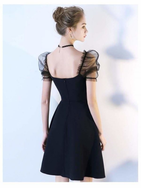 The Best Women Solid Short Puff Sleeve V-Neck Fashion Summer Evening Lace Dress Online - Source Silk