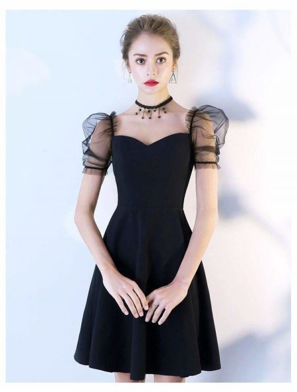 The Best Women Solid Short Puff Sleeve V-Neck Fashion Summer Evening Lace Dress Online - Source Silk