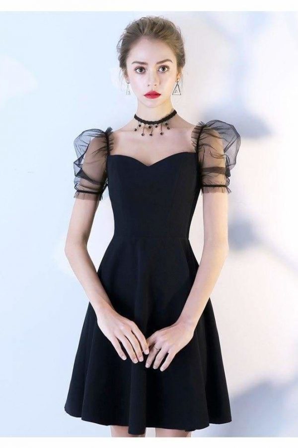 The Best Women Solid Short Puff Sleeve V-Neck Fashion Summer Evening Lace Dress Online - Source Silk