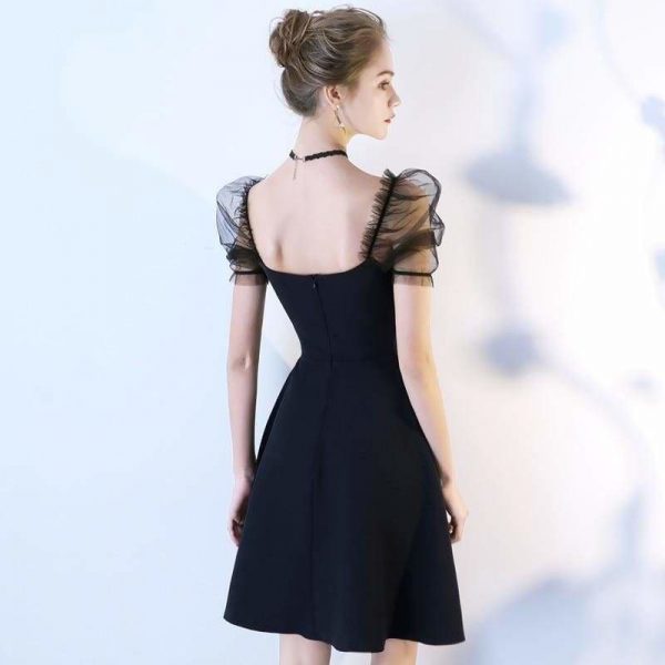 The Best Women Solid Short Puff Sleeve V-Neck Fashion Summer Evening Lace Dress Online - Source Silk