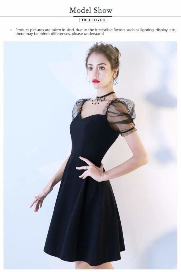 The Best Women Solid Short Puff Sleeve V-Neck Fashion Summer Evening Lace Dress Online - Source Silk