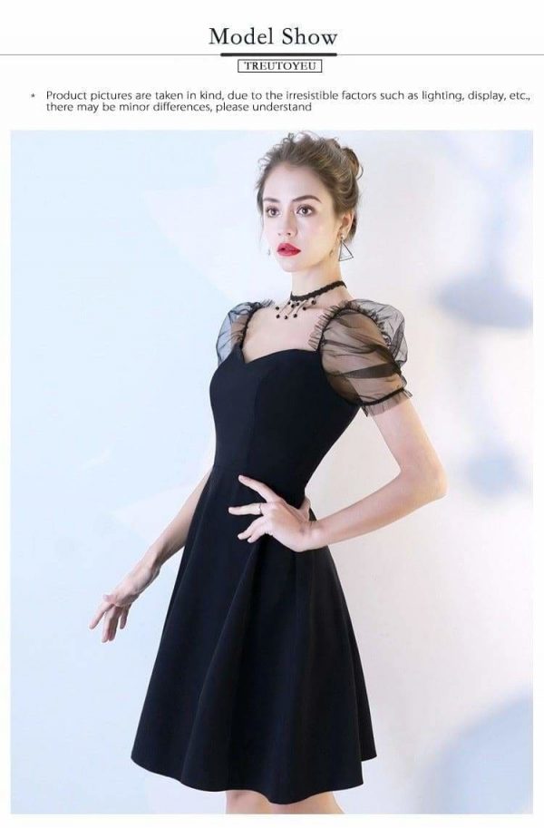 The Best Women Solid Short Puff Sleeve V-Neck Fashion Summer Evening Lace Dress Online - Source Silk