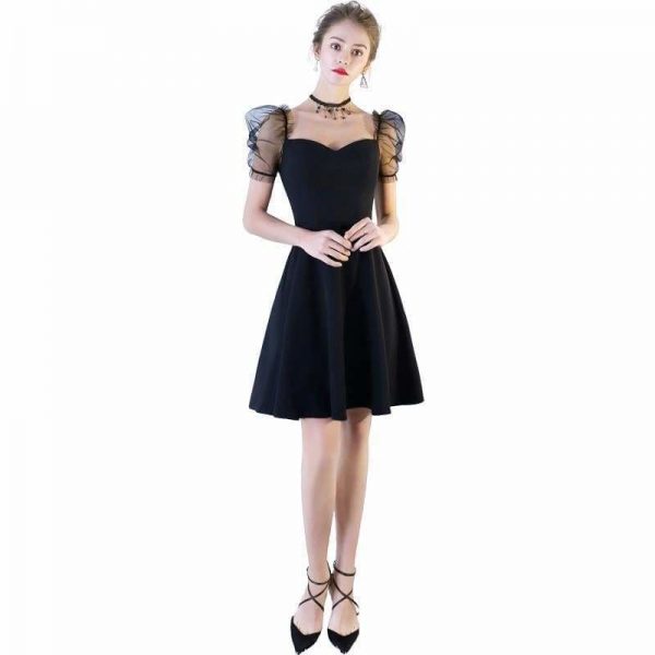 The Best Women Solid Short Puff Sleeve V-Neck Fashion Summer Evening Lace Dress Online - Source Silk