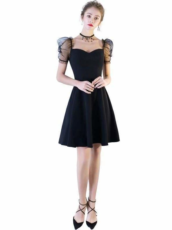 The Best Women Solid Short Puff Sleeve V-Neck Fashion Summer Evening Lace Dress Online - Source Silk