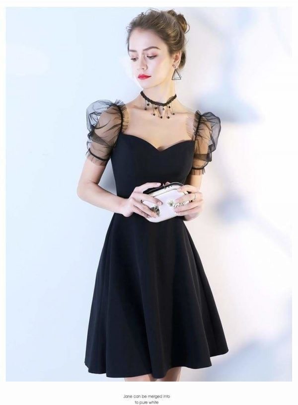 The Best Women Solid Short Puff Sleeve V-Neck Fashion Summer Evening Lace Dress Online - Source Silk