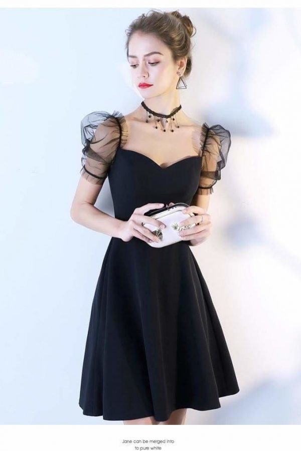 The Best Women Solid Short Puff Sleeve V-Neck Fashion Summer Evening Lace Dress Online - Source Silk