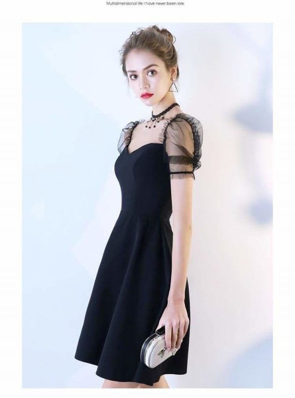 The Best Women Solid Short Puff Sleeve V-Neck Fashion Summer Evening Lace Dress Online - Source Silk