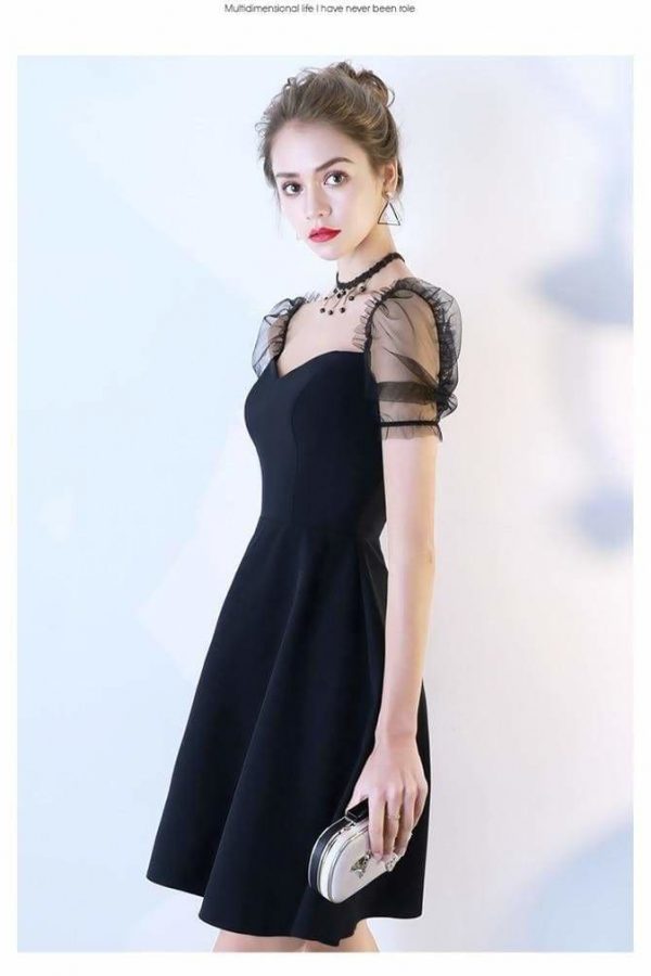 The Best Women Solid Short Puff Sleeve V-Neck Fashion Summer Evening Lace Dress Online - Source Silk