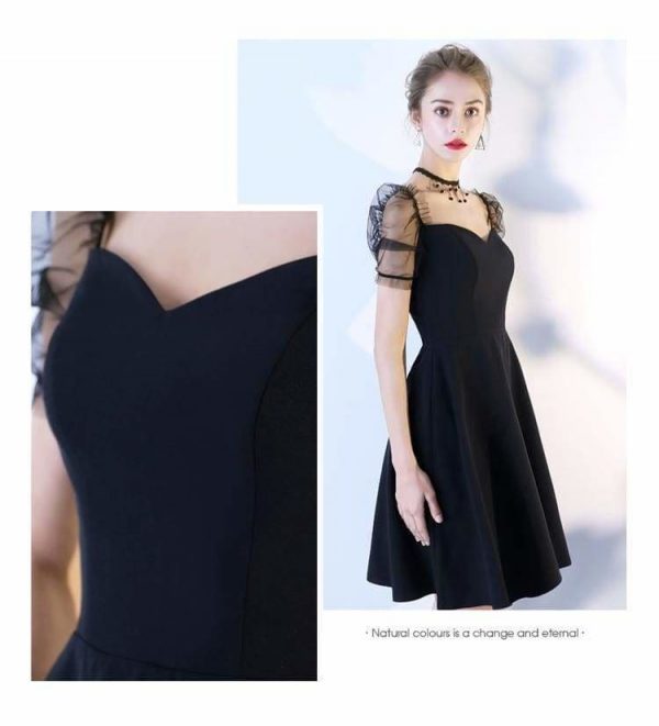 The Best Women Solid Short Puff Sleeve V-Neck Fashion Summer Evening Lace Dress Online - Source Silk