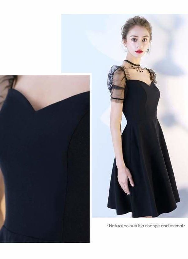 The Best Women Solid Short Puff Sleeve V-Neck Fashion Summer Evening Lace Dress Online - Source Silk