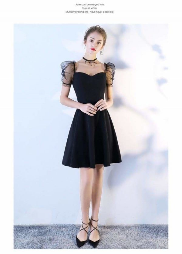 The Best Women Solid Short Puff Sleeve V-Neck Fashion Summer Evening Lace Dress Online - Source Silk