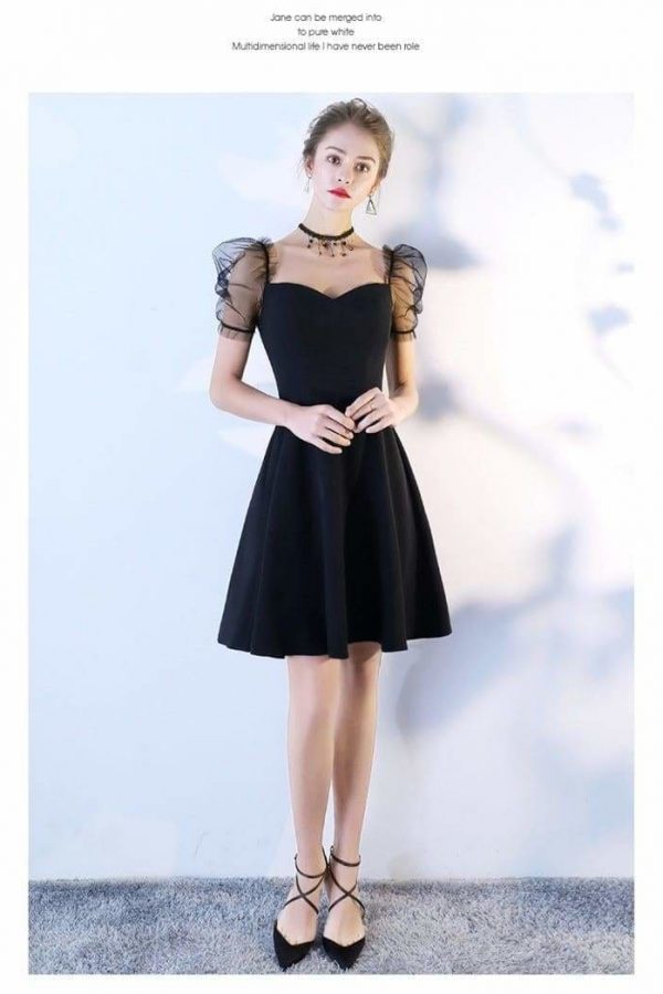 The Best Women Solid Short Puff Sleeve V-Neck Fashion Summer Evening Lace Dress Online - Source Silk